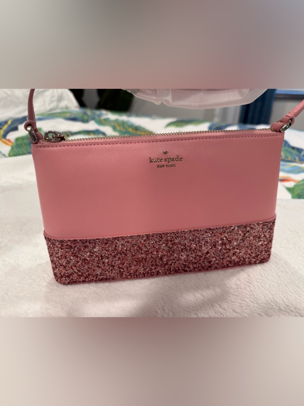 kate spade Pink Saffiano Wristlet with Glitter Trim